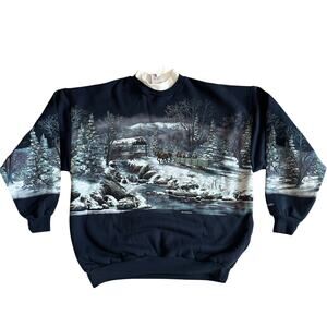 Vintage Art Unlimited Mock Neck Sweatshirt Winter Scene Horse Deer Navy Blue XXL